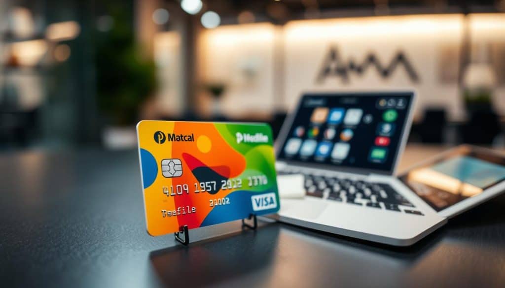 A modern, visually striking credit card prominently displayed in the foreground, showcasing its sleek design with vibrant colors and sophisticated branding. The card features symbols representing flexibility and benefits, such as clocks and coins, subtly integrated into the design. In the middle ground, a blurred office setting conveys a professional atmosphere, with a stylish desk and a laptop open to financial apps, indicating smart money management. The background features soft, ambient lighting that creates a warm and inviting mood, suggesting financial empowerment. The angle captures the card slightly from above, highlighting its features while maintaining a sense of depth in the surrounding business environment. The overall atmosphere is one of professionalism and opportunity.