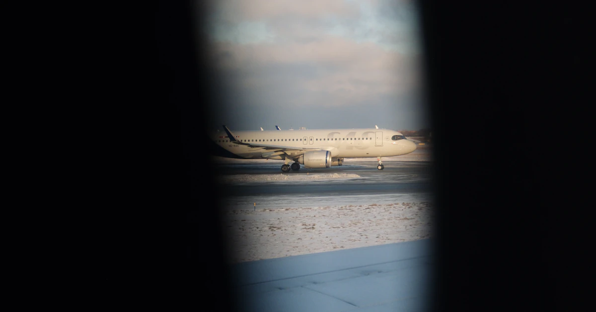 Airplane on a snowy tarmac under cloudy sky
