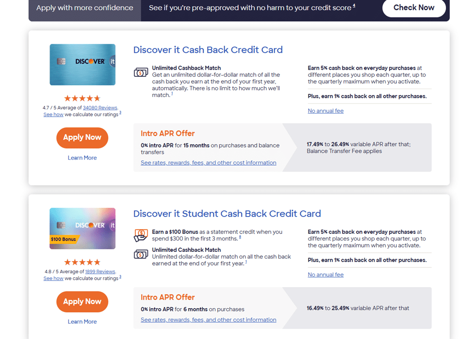Discover credit card comparison page, listing the Discover it Cash Back Credit Card and the Discover it Student Cash Back Credit Card, each with an Apply Now button and a Learn More link.