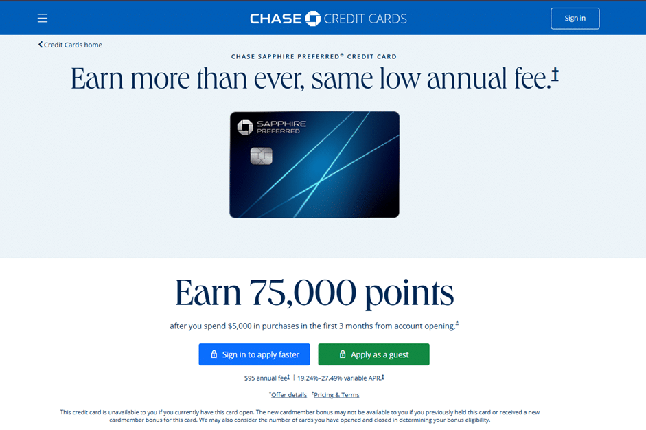 Chase Sapphire Preferred Credit Card page, with the headline Earn more than ever, same low annual fee, highlighting 75,000 points after spending $5,000 in the first 3 months, a $95 annual fee, and buttons to Sign in to apply faster or Apply as a guest.