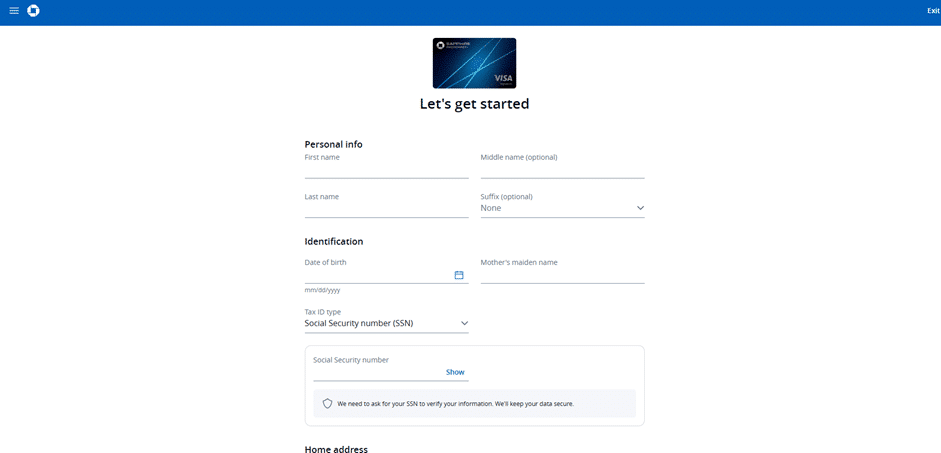 Chase credit card application form titled Let's get started, with fields for personal info, identification, Social Security number, and home address.