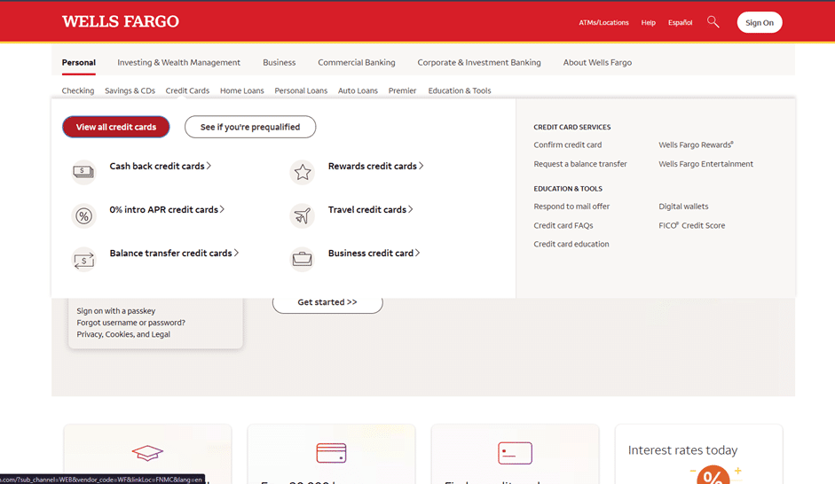 Wells Fargo homepage with the Credit Cards section open, showing a View all credit cards button, a See if you're prequalified button, and links for cash back, rewards, 0% intro APR, travel, balance transfer, and business credit cards.