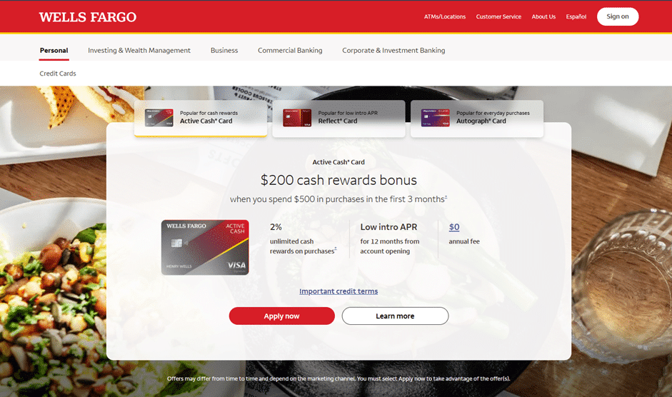 Wells Fargo credit cards page, showing three featured cards (Active Cash Card, Reflect Card, and Autograph Card), with the Active Cash Card details displayed, including a $200 bonus, 2% cash rewards, and Apply now and Learn more buttons.