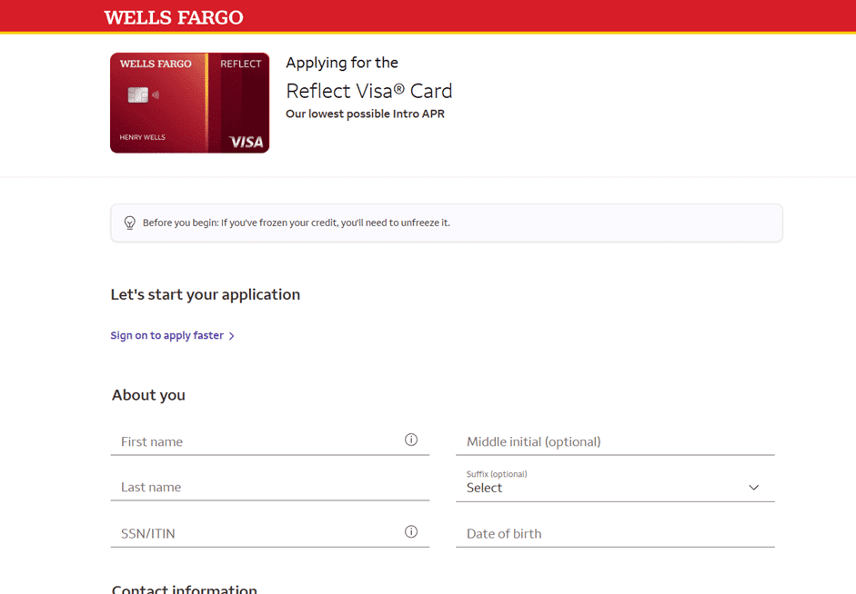 Wells Fargo credit card application form titled Applying for the Reflect Visa Card, with fields for first name, last name, SSN or ITIN, and date of birth under the About you section.