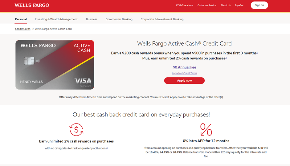 Wells Fargo Reflect Card page, highlighting 0% intro APR for 21 months on purchases and qualifying balance transfers, a $0 annual fee, and an Apply now button.