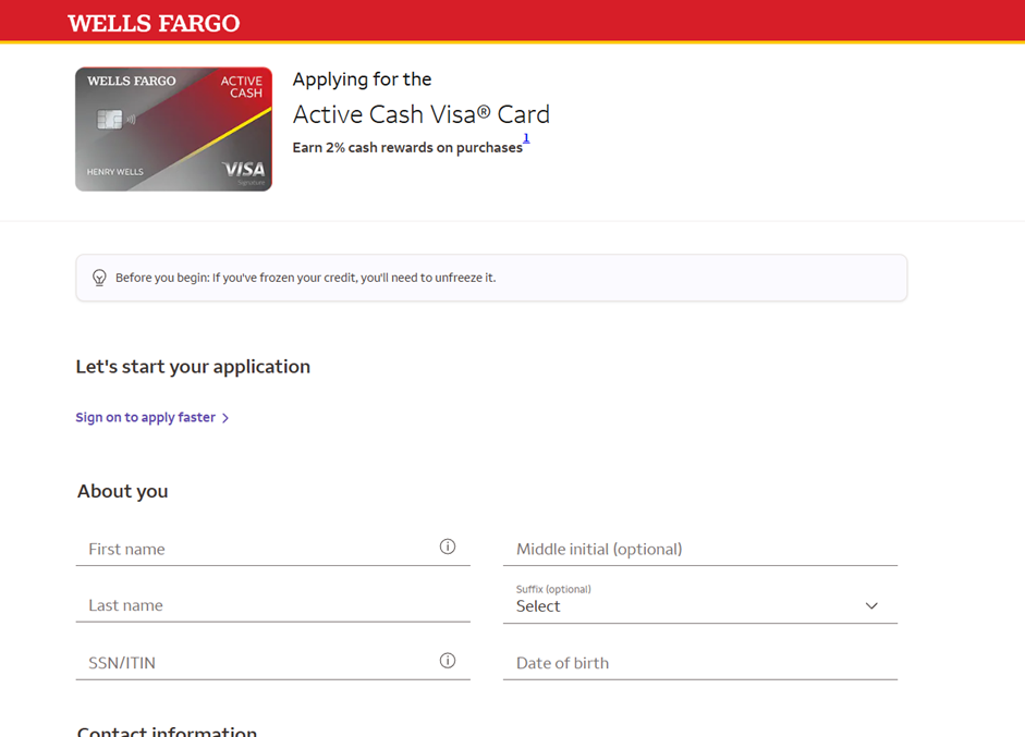Wells Fargo credit card application form titled Applying for the Reflect Visa Card, with fields for first name, last name, SSN or ITIN, and date of birth under the About you section.