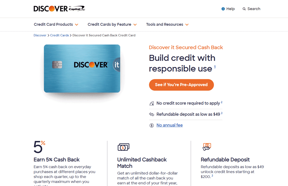 Discover it Secured Cashback card page, with the headline Build credit with responsible use, an orange See if You're Pre-Approved button, and highlights for 5% cash back, unlimited cashback match, and a refundable deposit starting at $49.