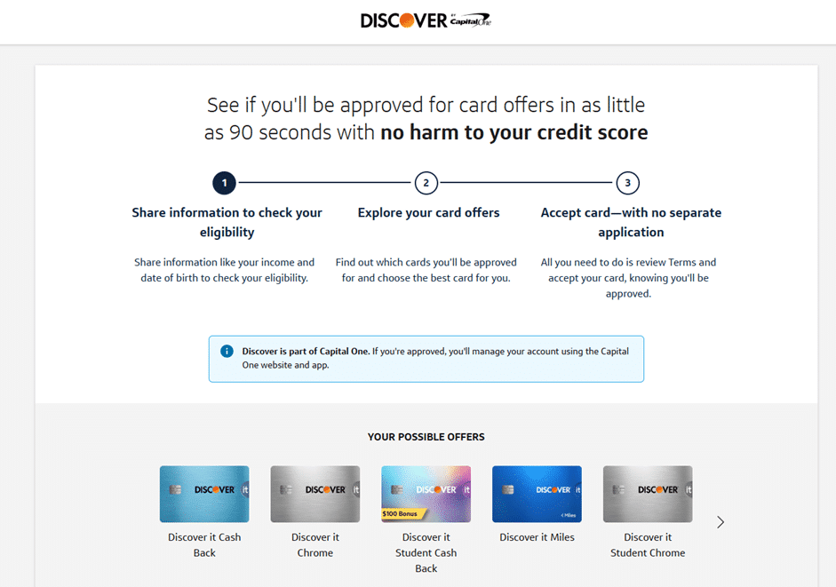 Discover pre-approval page, showing the 3-step process (share information, explore card offers, and accept your card) and a list of possible card offers.