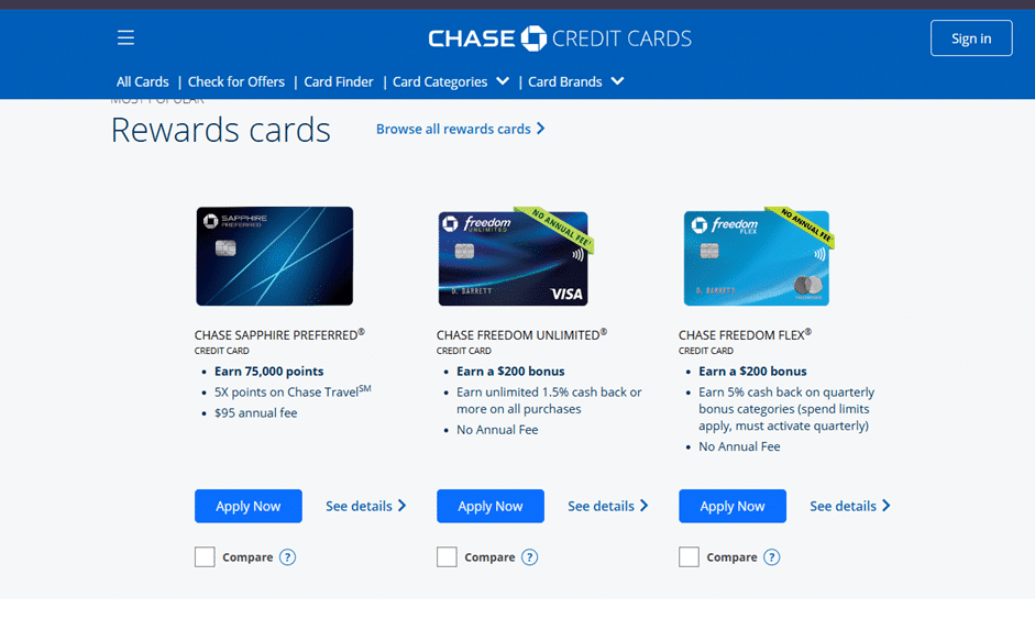 Chase Credit Cards rewards page, showing three cards side by side (Chase Sapphire Preferred, Chase Freedom Unlimited, and Chase Freedom Flex), each with an Apply Now button and a See details link.