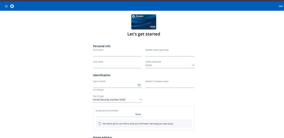 Chase credit card application form titled Let's get started, with fields for personal info, identification, Social Security number, and home address.