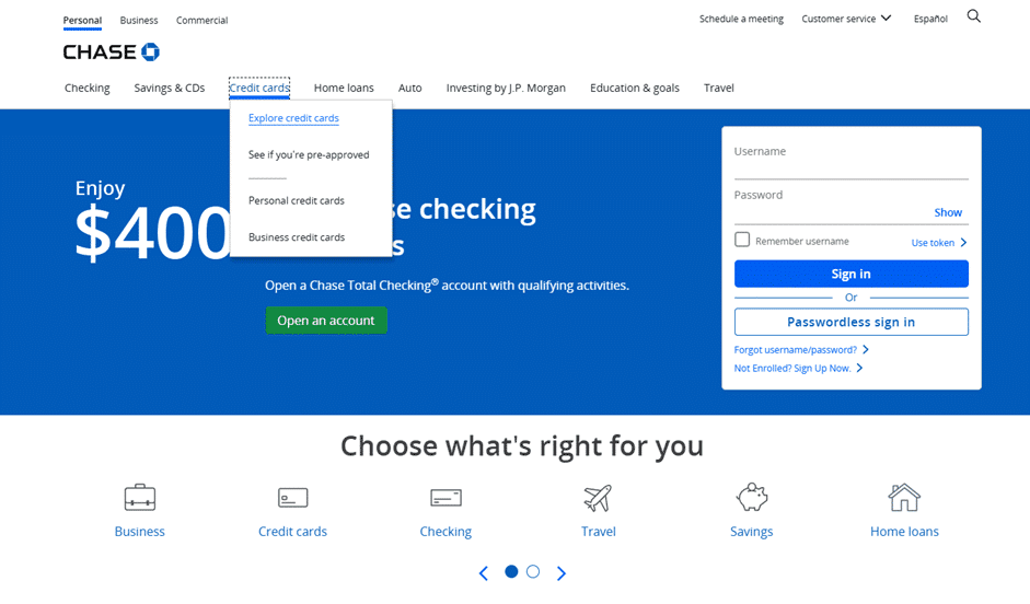 Chase homepage with the Credit Cards menu open, showing links for Explore credit cards, See if you're pre-approved, Personal credit cards, and Business credit cards.