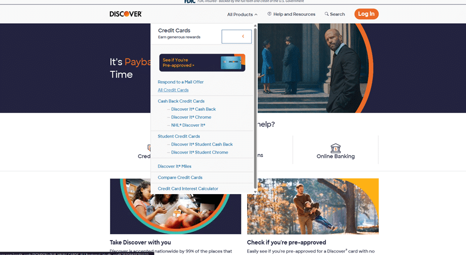 Discover website menu open on the Credit Cards tab, showing the list of available cards, including Discover it Cash Back, Discover it Chrome, and Discover it Miles.