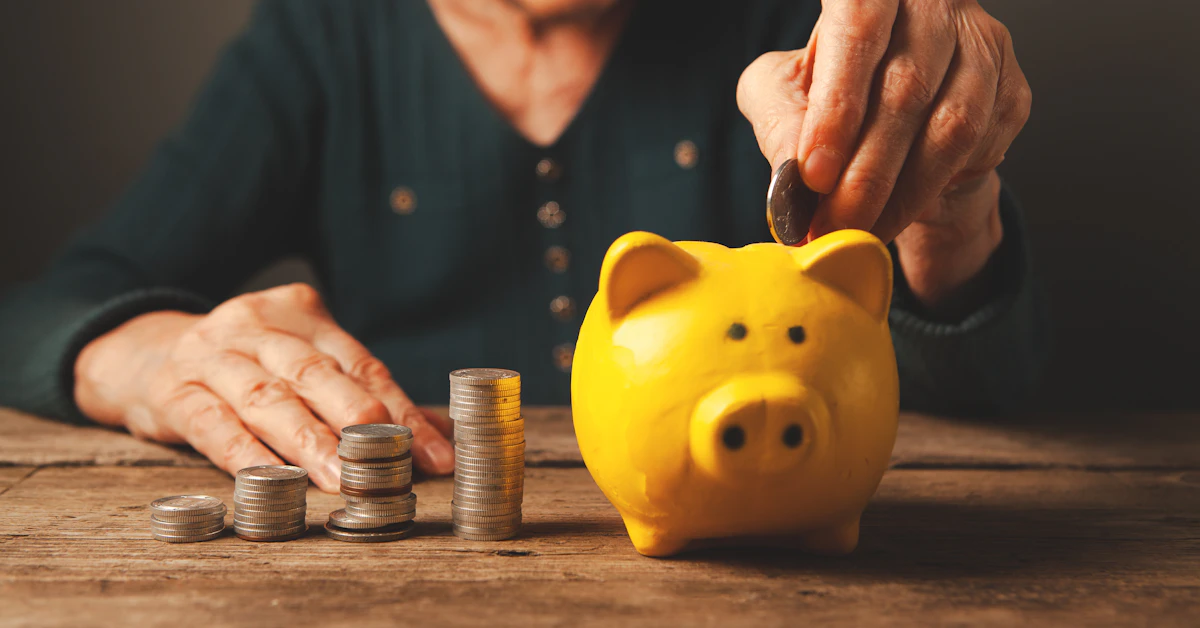 Elderly hands depositing coins into a yellow piggy bank